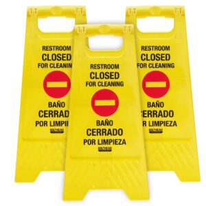 restroom closed for cleaning bilingual floor sign,double-sided, portable, plastic yellow bilingual bathroom notice in english and spanish,business supplies for janitor and housekeeping (3-pack)