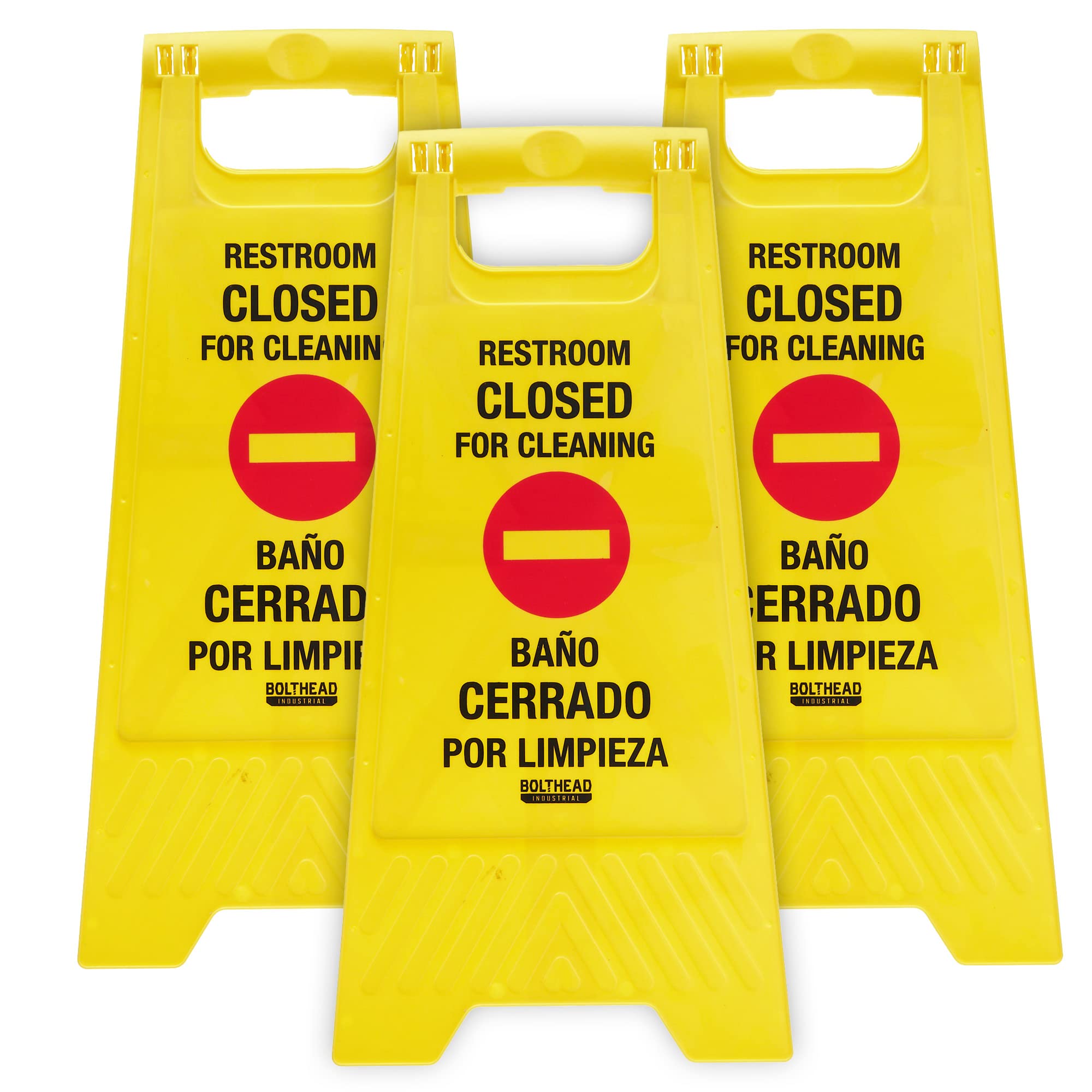 Restroom Closed for Cleaning Bilingual Floor Sign,Double-Sided, Portable, Plastic Yellow Bilingual Bathroom Notice in English and Spanish,Business Supplies for Janitor and Housekeeping (3-pack)