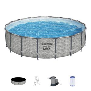 bestway steel pro max 18’ x 48” round above ground pool set | frame swmiming pool features realistic stone print liner | includes 1500gal filter pump, 48" ladder and 18' pool cover