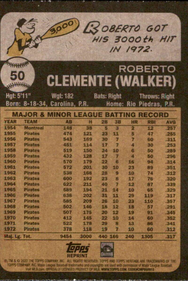 2022 Topps Heritage #50 Roberto Clemente Pittsburgh Pirates NM-MT MLB Baseball