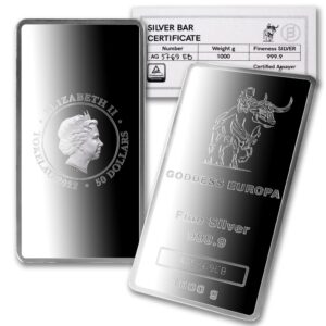 2022 1 kg tokelauan silver bar goddess europa coin brilliant uncirculated (bu - paperweight) with original mint box packaging & certificate of authenticity $50 mint state