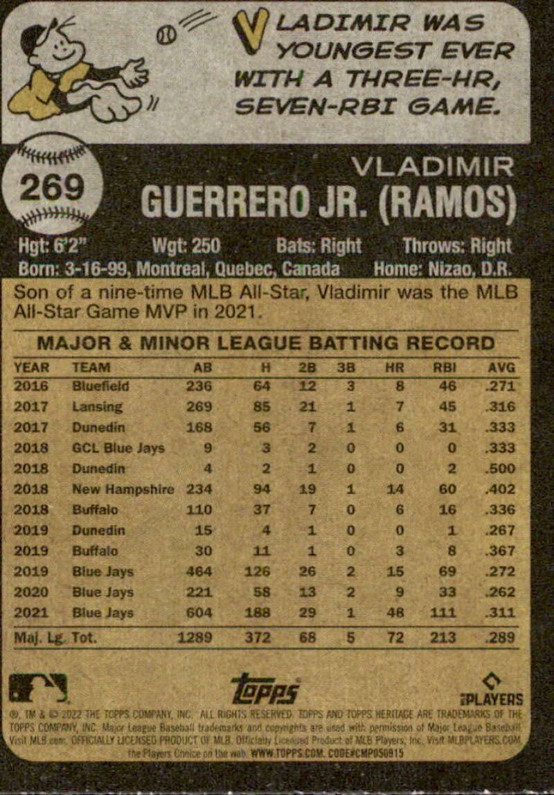 2022 Topps Heritage #269 Vladimir Guerrero Jr. NM-MT Toronto Blue Jays Baseball