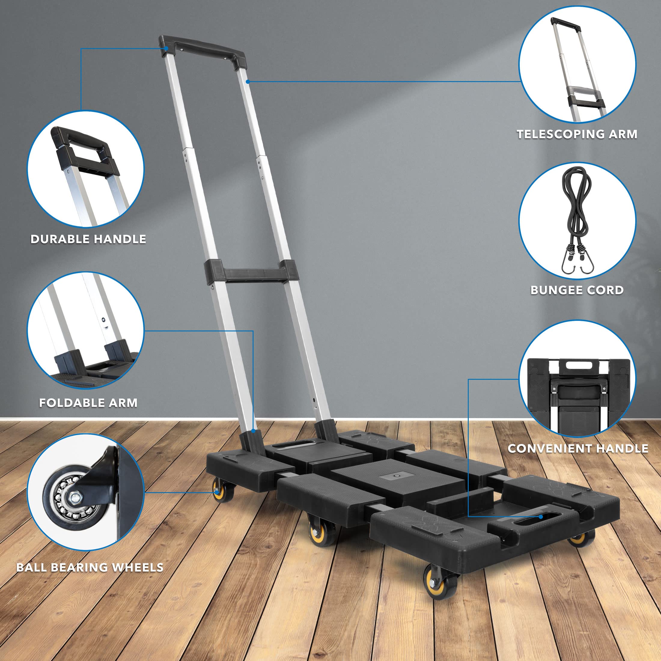 Mount-It! Folding Hand Truck Dolly Cart | Lightweight Foldable Cart with Wheels Heavy Duty with Elastic Cord for Luggage, Travel Moving, Office and Light Industrial Use