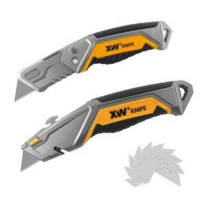 xw utility knife set, heavy duty zinc alloy retractable box cutter and folding utility knife with blade storage design, total 18 pcs blades included, 2-pack