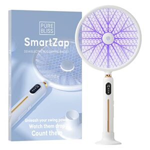 pÜrebliss electric fly swatter, distance & motion detection, large handheld indoor & outdoor mosquito & bug zapper rechargeable , digital mosquito count & led light