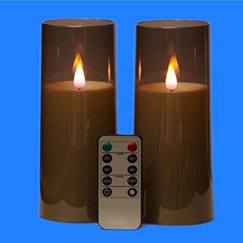 Kitch Aroma 3D Wick Grey Acrylic Glass Flameless Candles, Grey Flickering LED Pillar Candles with Remote Control, Set of 2