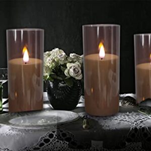 Kitch Aroma 3D Wick Grey Acrylic Glass Flameless Candles, Grey Flickering LED Pillar Candles with Remote Control, Set of 2