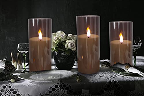 Kitch Aroma 3D Wick Grey Acrylic Glass Flameless Candles, Grey Flickering LED Pillar Candles with Remote Control, Set of 2