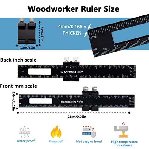 Precision Pocket Woodworking Ruler 8 inch Marking Measuring Ruler Professional Woodworking Tools Ruler Metal Construction Ruler Inch and Metric Ruler Slide Ruler Learning Ruler with Slide Stops