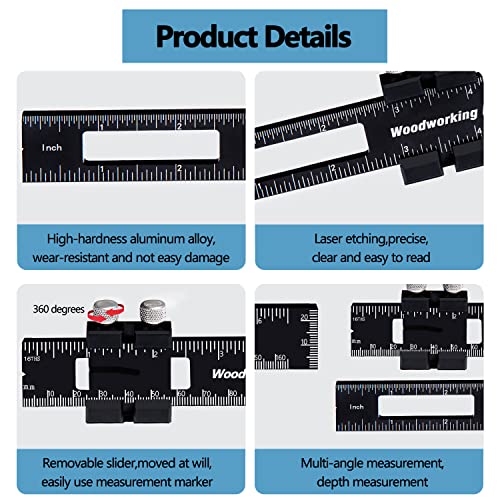 Precision Pocket Woodworking Ruler 8 inch Marking Measuring Ruler Professional Woodworking Tools Ruler Metal Construction Ruler Inch and Metric Ruler Slide Ruler Learning Ruler with Slide Stops