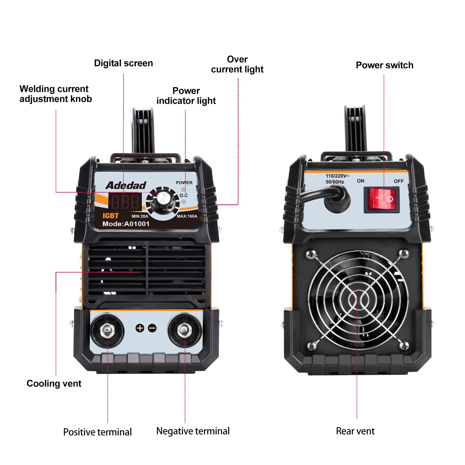 Adedad Welding Machine 160Amp, 110/220V Stick ARC Welder Machine, IGBT Inverter Digital Display LCD MMA Welder, Built-in Hot Start ARC Force Portable Electric Welding Machine, Beginner Welder Kit