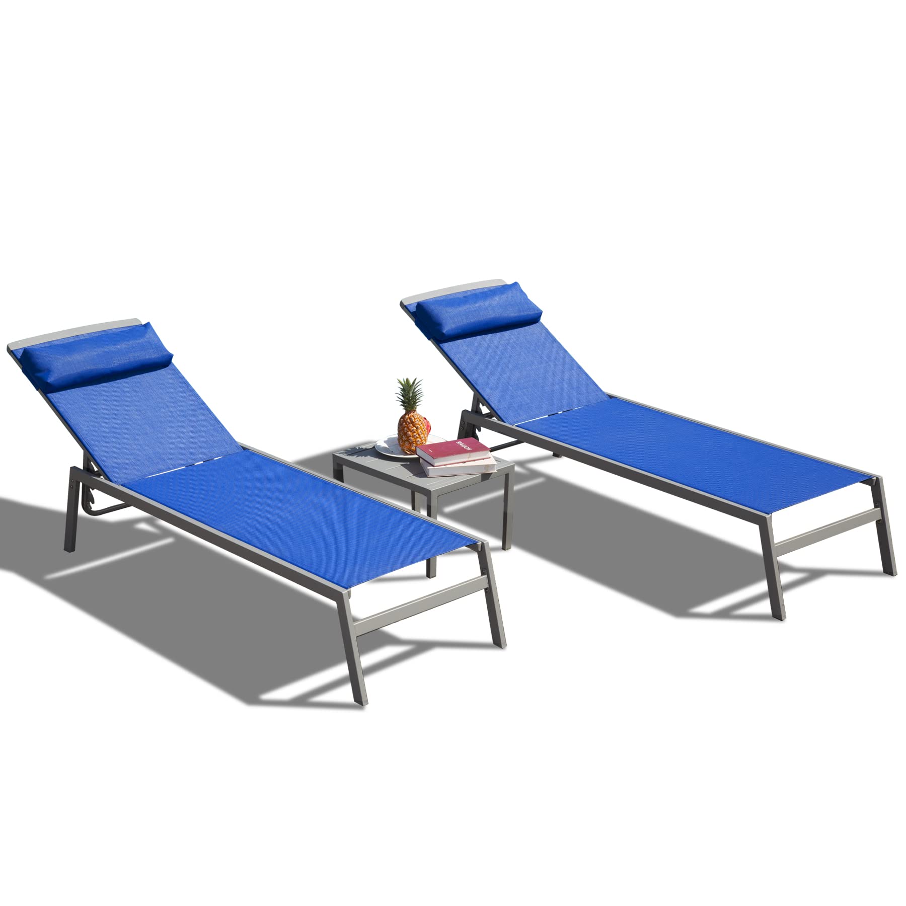 Domi Patio Chaise Lounge Set, Aluminum Pool Lounge Chairs with 5 Adjustable Position, Breathable Textilene Fabric, Sunbathing Pool Chairs with Headrest and Side Table, Blue