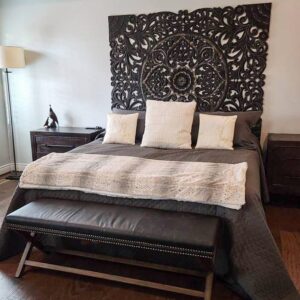 texas king wood carve headboard, rustic black balinese tropical wooden panels, contemporary bedroom furniture, 80x66 inches