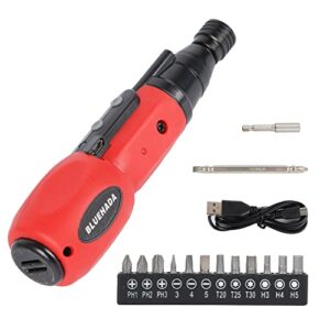 bluehada 16pcs cordless screwdriver accessories kit - 3.6v li-ion 800mah rechargeable electric screwdriver with magnet double end drill bit, 2 to 10nm max torgue, led light, usb cable, red