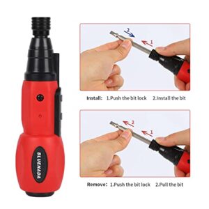 BLUEHADA 16Pcs Cordless Screwdriver Accessories Kit - 3.6V Li-ion 800mAh Rechargeable Electric Screwdriver with Magnet Double End Drill Bit, 2 to 10Nm Max Torgue, LED Light, USB Cable, Red