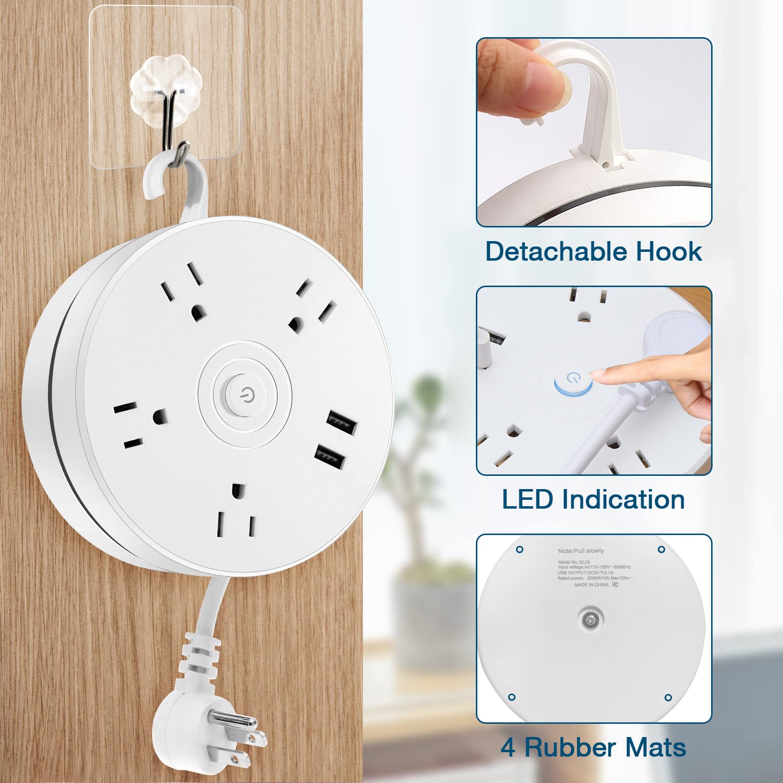 Retractable Power Strip, QWOZUEO 5 Ft Extension Cord, Power Strip Surge Protector with 4 Outlet 2 USB Ports and Hook, 2000 Joules USB Wall Charger, Portable Travel Power Strip for Home, Office, Hotels