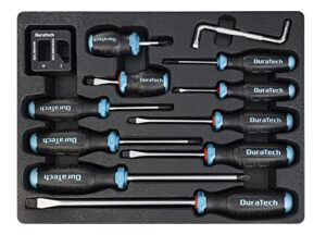 duratech 12-piece magnetic screwdriver set, 5 phillips and 5 slotted tip s2 alloy steel screwdriver set, 1 pc magnetizer demagnetizer, 1 pc cr-v offset screwdriver, storage tray included