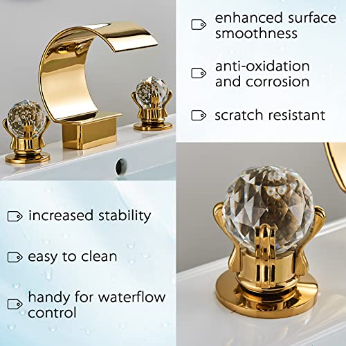 YAGATAP Gold Bathroom Sink Faucet 3 Hole 2 Handle Crystal Knobs High Arc Waterfall Spout Vanity Basin Mixer Tap 8-inch＆Upwards Widespread Bathtub Filler Faucet…