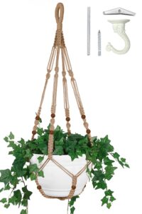 shineloha 43 inches macrame planter hanger large for 12 inch pot + swag hook (extra long & big) | no tassel, cotton rope | hanging planter for indoor plants, no pot/plant included (brown)…
