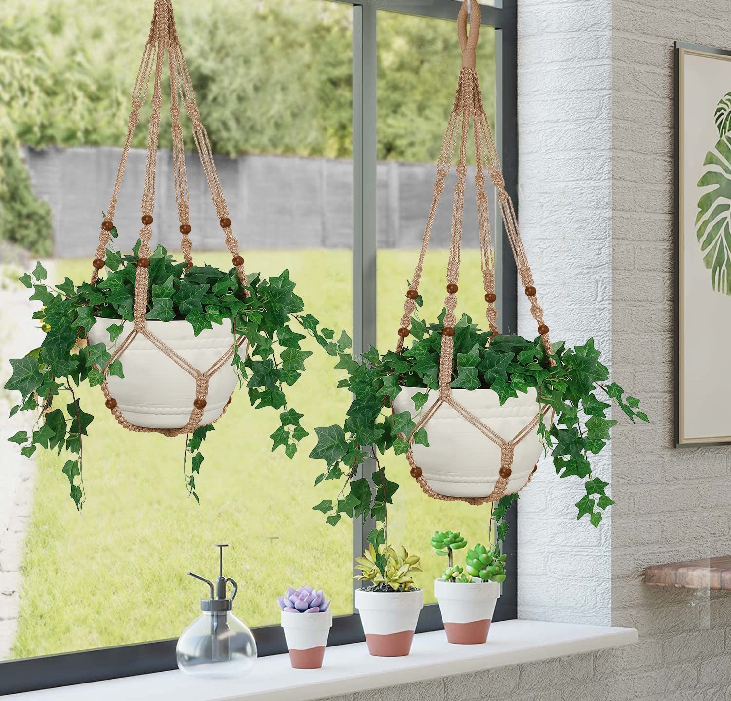 Shineloha 43 Inches Macrame Planter Hanger Large for 12 inch Pot + Swag Hook (Extra Long & Big) | No Tassel, Cotton Rope | Hanging Planter for Indoor Plants, NO Pot/Plant Included (Brown)…