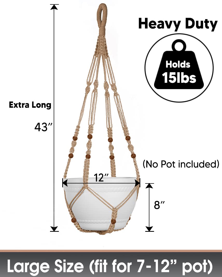 Shineloha 43 Inches Macrame Planter Hanger Large for 12 inch Pot + Swag Hook (Extra Long & Big) | No Tassel, Cotton Rope | Hanging Planter for Indoor Plants, NO Pot/Plant Included (Brown)…