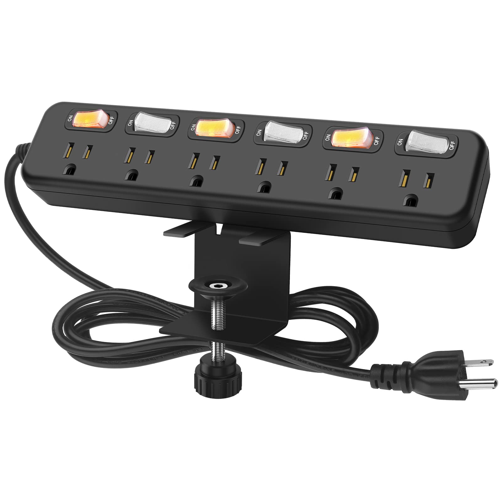 HHSOET Desk Mount Power Strip with Individual Switches, Clamp Outlet Strip Surge Protector 800J, Clip on 1.7 inch Desktop Edge with 6 Outlet, Long Wide Spaced Socket, 6 ft Extension Cord. (Black)