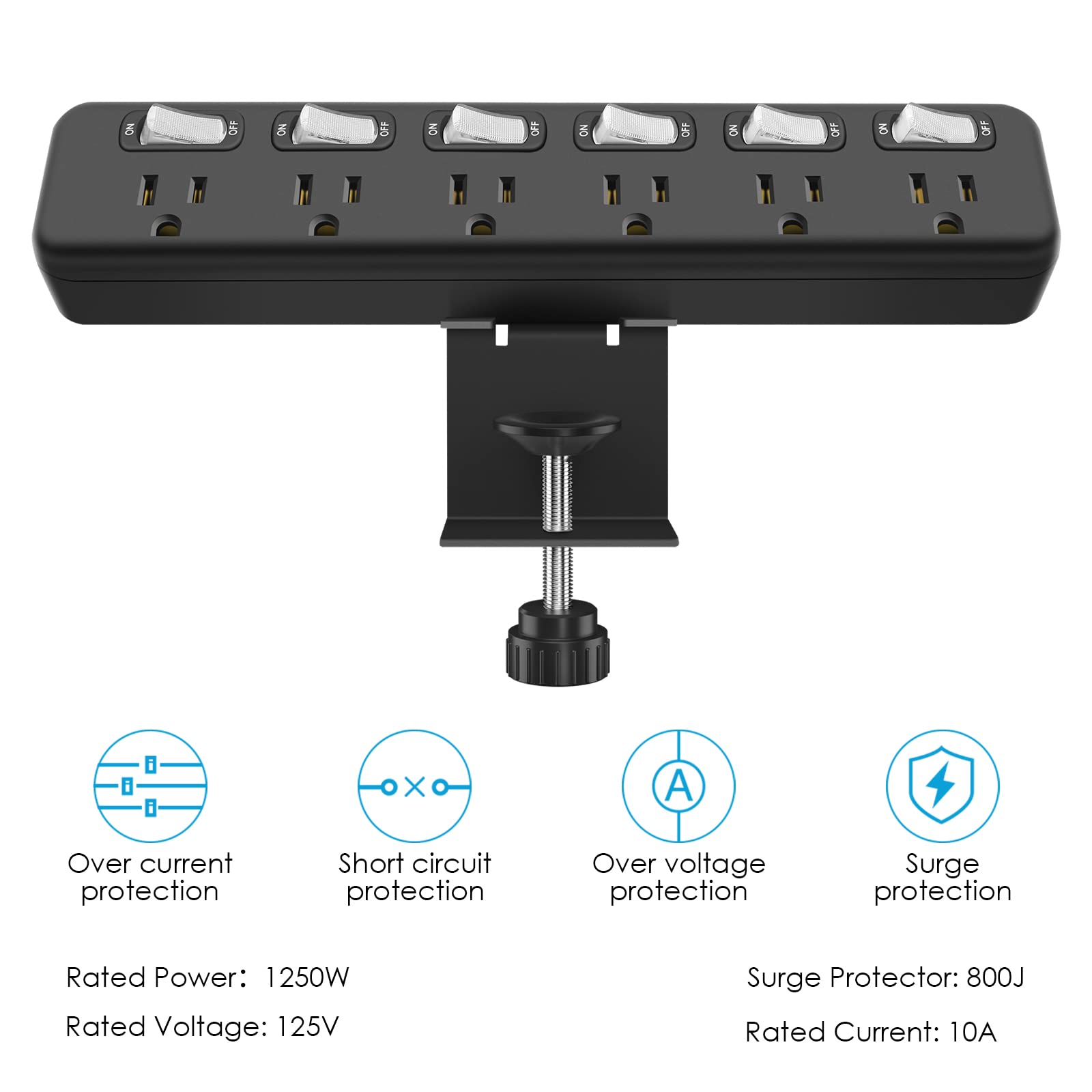 HHSOET Desk Mount Power Strip with Individual Switches, Clamp Outlet Strip Surge Protector 800J, Clip on 1.7 inch Desktop Edge with 6 Outlet, Long Wide Spaced Socket, 6 ft Extension Cord. (Black)