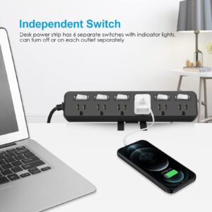 HHSOET Desk Mount Power Strip with Individual Switches, Clamp Outlet Strip Surge Protector 800J, Clip on 1.7 inch Desktop Edge with 6 Outlet, Long Wide Spaced Socket, 6 ft Extension Cord. (Black)