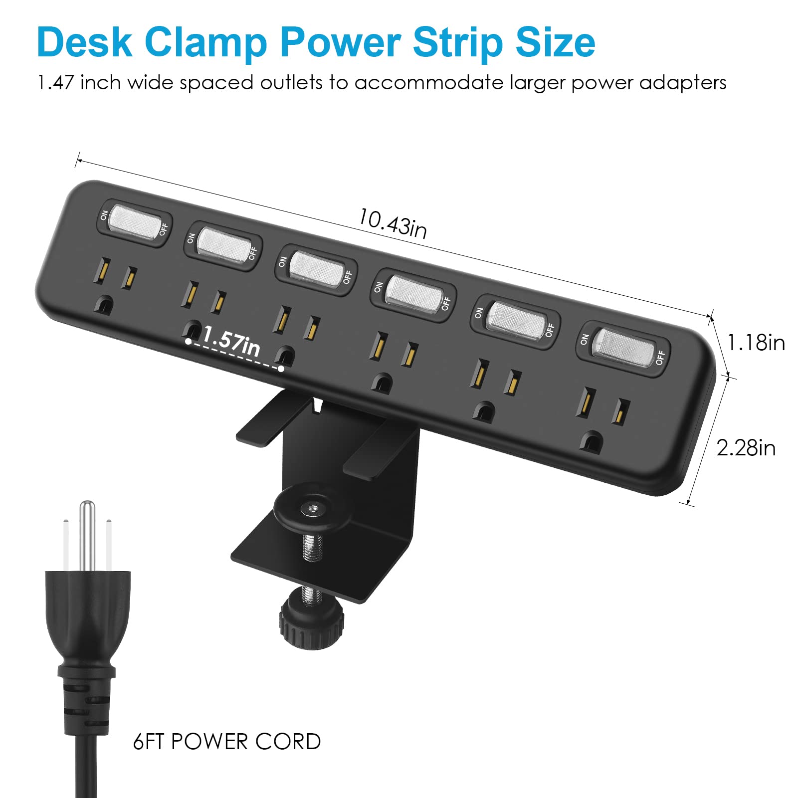 HHSOET Desk Mount Power Strip with Individual Switches, Clamp Outlet Strip Surge Protector 800J, Clip on 1.7 inch Desktop Edge with 6 Outlet, Long Wide Spaced Socket, 6 ft Extension Cord. (Black)