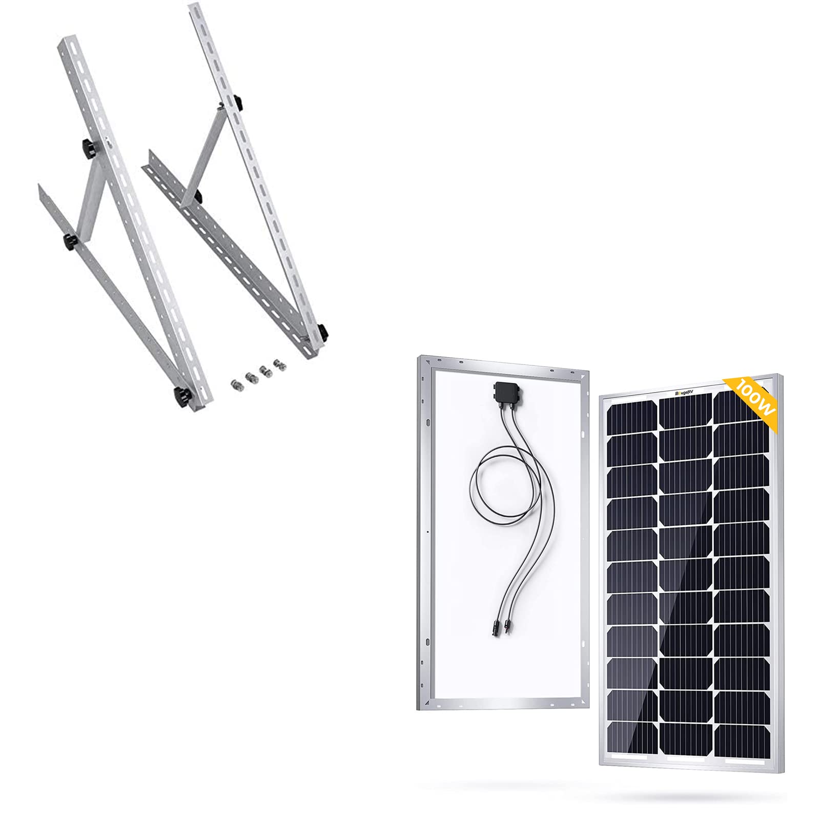 BougeRV 9BB 100 Watts Mono Solar Panel and 28in Adjustable Solar Panel Tilt Mount Brackets