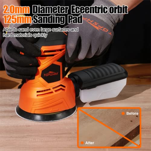 TOPSHAK Random Orbit Sander, 240W Palm Sander with 20pcs Sanding Paper, 6 Variable Speed Electric Orbit Sanders, 5 Inches Hand Sander Tool，Sanders for Woodworking, Sanding, Detailing, Finishing…