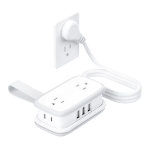 travel power strip with usb ports, ntonpower 4 outlets 3 usb with 4ft wrapped short extension cord flat plug, usb portable desktop charging station, compact for hotel travel cruise essentials, white