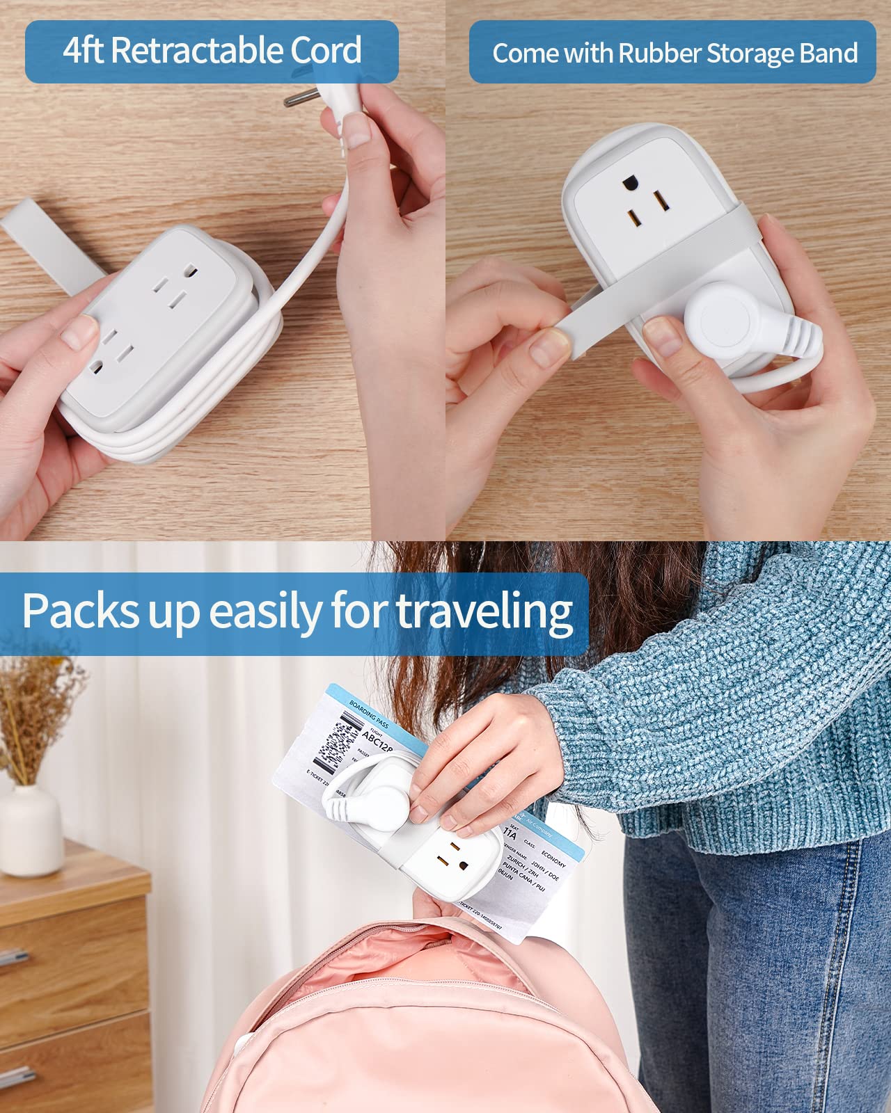 Travel Power Strip with USB Ports, NTONPOWER 4 Outlets 3 USB with 4FT Wrapped Short Extension Cord Flat Plug, USB Portable Desktop Charging Station, Compact for Hotel Travel Cruise Essentials, White
