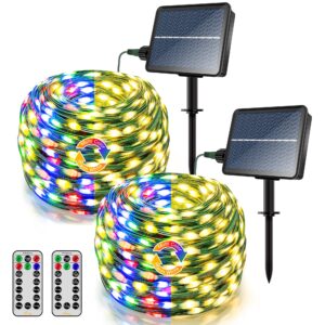 ollny solar string lights outdoor 2pack each 180led 60ft 11modes ip67 waterproof, warm white & multicolor solar fairy lights with timer memory for patio christmas decorations