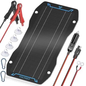 voltset 10w 12v flexible solar panel battery charger, portable waterproof power trickle battery charger & maintainer pro for car boat automotive rv with cigarette lighter plug & alligator clip