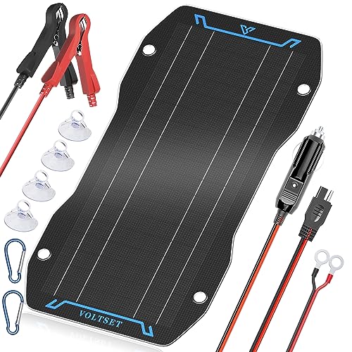 Voltset 10W 12V Flexible Solar Panel Battery Charger, Portable Waterproof Power Trickle Battery Charger & Maintainer Pro for Car Boat Automotive RV with Cigarette Lighter Plug & Alligator Clip