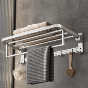 24 inch towel rack with towel bar holder foldable towel shelf with movable hooks rustproof towel storage wall mount for bathroom lavatory silver