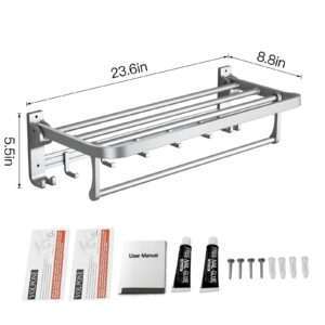 24 Inch Towel Rack with Towel Bar Holder Foldable Towel Shelf with Movable Hooks Rustproof Towel Storage Wall Mount for Bathroom Lavatory Silver