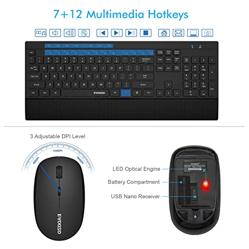 Wireless Keyboard and Mouse Combo, E-YOOSO Full-Sized 2.4GHz Wireless Keyboard with Palm Rest and 3 DPI Adjustable Wireless Mouse for Windows, Mac OS Desktop/Laptop/PC