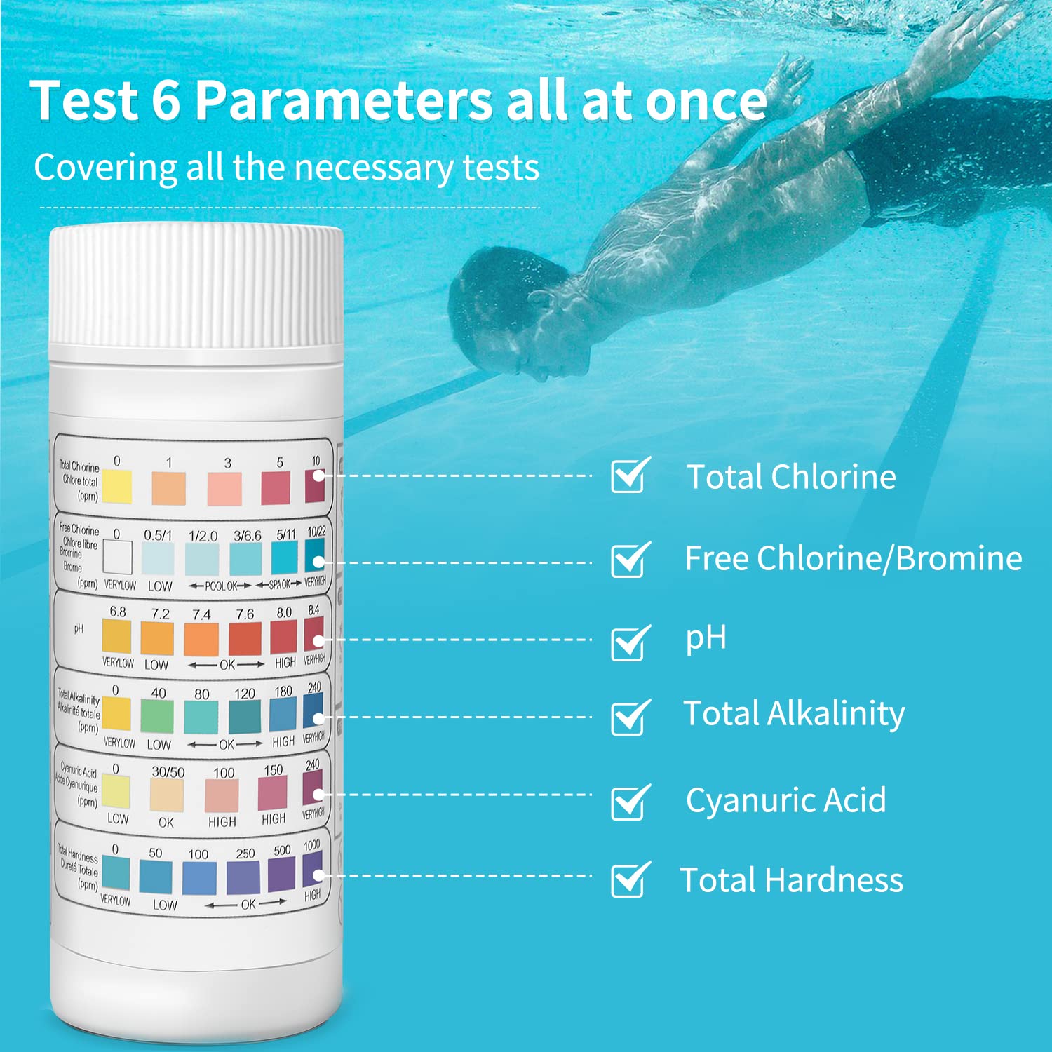 Hankmore 6 in 1 Pool Test Strips 50 Counts Swimming Pool Hot Tub Spa Water Quality Testing for Total Chlorine / Free Chlorine / Bromine / Total Hardness / pH / Cyanuric Acid / Total Alkalinity