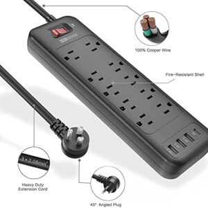 Power Strip, HITRENDS Surge Protector with 10 Outlets and 3 USB Ports (5V/2.4A) & 1 USB-C Port (5V/3A), 1875W/15A, 3600 Joules, Flat Plug, Spaced Outlets with 6ft Extension Cord for Home Office