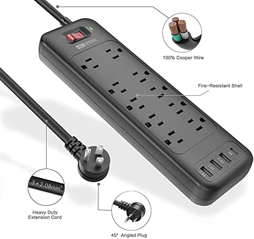 Power Strip, HITRENDS Surge Protector with 10 Outlets and 3 USB Ports (5V/2.4A) & 1 USB-C Port (5V/3A), 1875W/15A, 3600 Joules, Flat Plug, Spaced Outlets with 6ft Extension Cord for Home Office