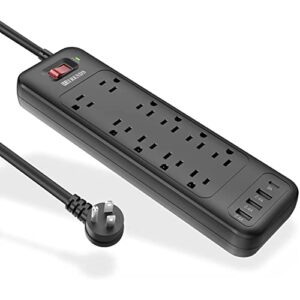 power strip, hitrends surge protector with 10 outlets and 3 usb ports (5v/2.4a) & 1 usb-c port (5v/3a), 1875w/15a, 3600 joules, flat plug, spaced outlets with 6ft extension cord for home office