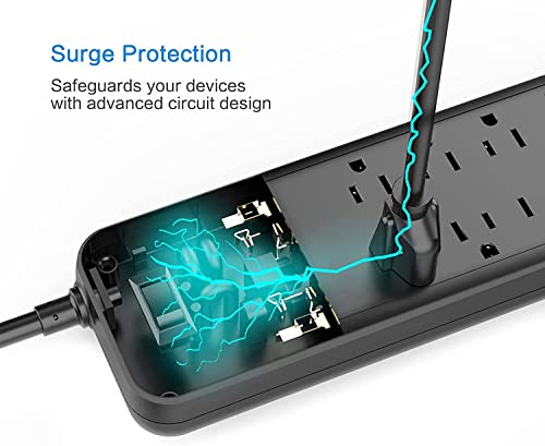 Power Strip, HITRENDS Surge Protector with 10 Outlets and 3 USB Ports (5V/2.4A) & 1 USB-C Port (5V/3A), 1875W/15A, 3600 Joules, Flat Plug, Spaced Outlets with 6ft Extension Cord for Home Office