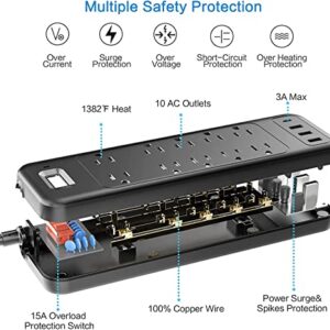 Power Strip, HITRENDS Surge Protector with 10 Outlets and 3 USB Ports (5V/2.4A) & 1 USB-C Port (5V/3A), 1875W/15A, 3600 Joules, Flat Plug, Spaced Outlets with 6ft Extension Cord for Home Office