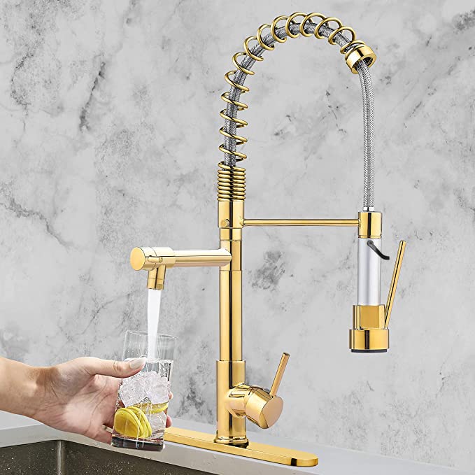 Kitchen Sink Faucet with Pull Down Sprayer, Serimer Commercial Spring Faucet, Single Handle High Arc Deck Plate for Camper Farmhouse RV Bar Gold