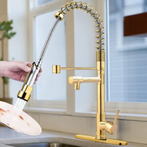 Kitchen Sink Faucet with Pull Down Sprayer, Serimer Commercial Spring Faucet, Single Handle High Arc Deck Plate for Camper Farmhouse RV Bar Gold