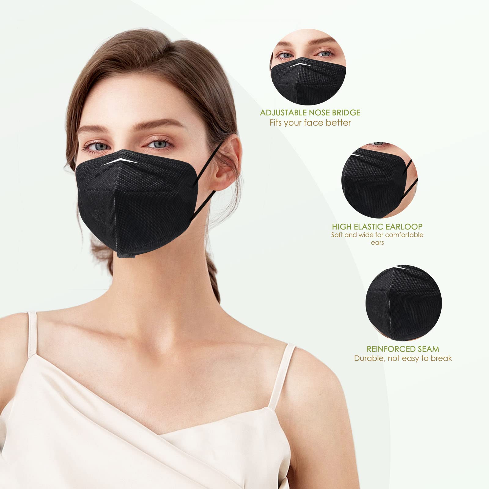 Wecolor KN95 Face Masks 50 Pack 5-Ply Breathable Safety Respirator Cup Dust Disposable KN95 Mask Black