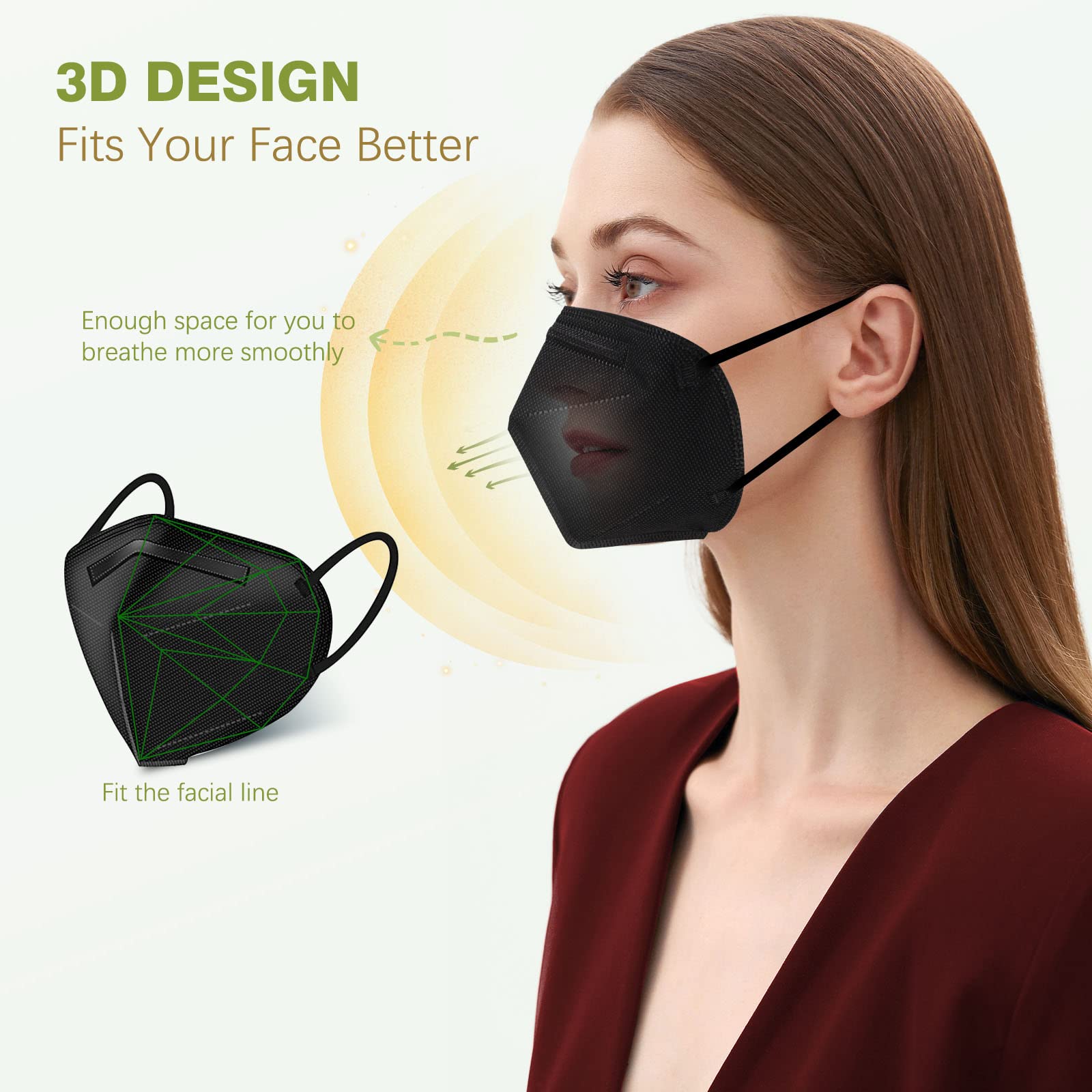 Wecolor KN95 Face Masks 50 Pack 5-Ply Breathable Safety Respirator Cup Dust Disposable KN95 Mask Black