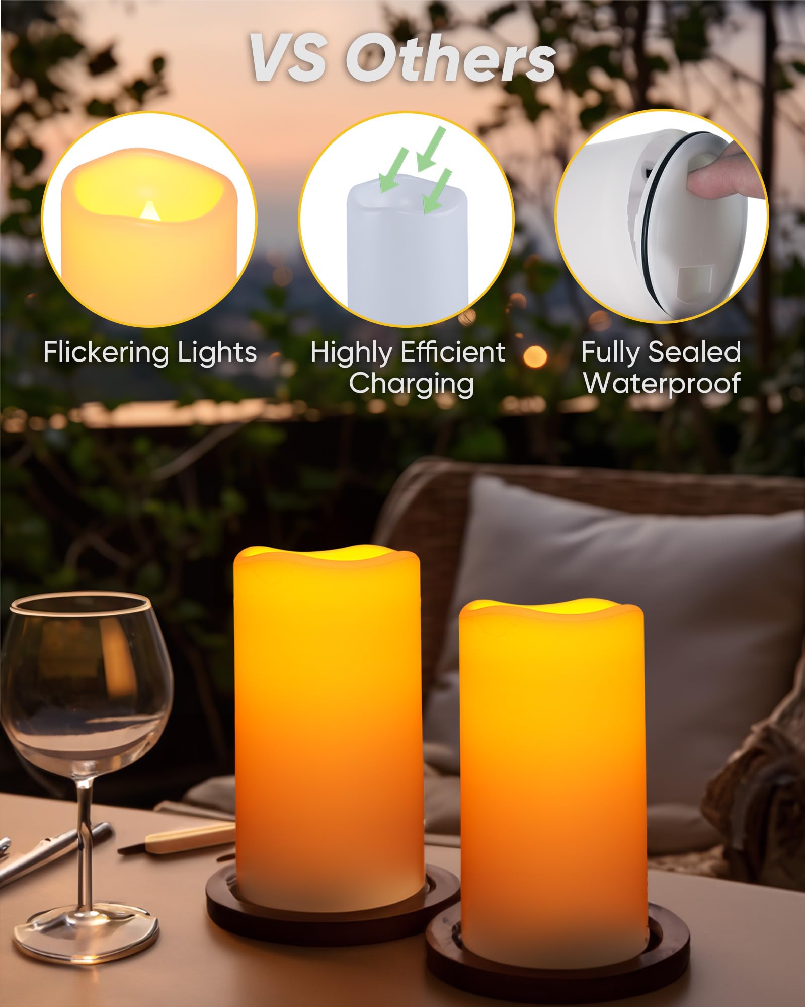 Homemory Solar Candles Outdoor Waterproof, Rechargeable Candles, Solar Powered Flameless Candles for Outdoor, Lanterns, Sensor Only, Dusk to Dawn, Set of 2